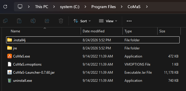 File Explorer showing the CoMaS folder and the selected CoMaS-0.8.76.jar file